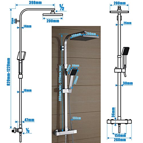 Auralum® Duschset mit Thermostat und Höhenverstellbar ca. 82 bis 122cm Kopfbrause 20x20cm Inkl. Handbrause + Kopfbrause - 2