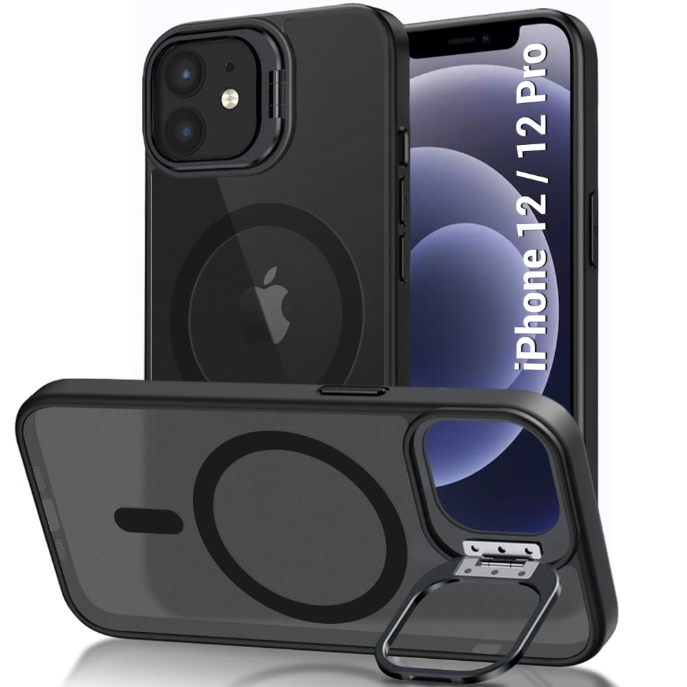 TheGiftKart Hybrid Back Cover Case for iPhone 12/12 Pro Compatible with MagSafe | Built-in Stand | Shockproof Hard Case Cover for iPhone 12/12 Pro (PC & TPU, Frosted Matte Back, Black Sides)
