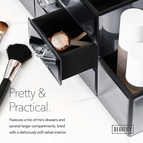 Beautify Rauchgrau Verspiegelte Glas-Schmuckschatulle & Make-up Ordnungssystem mit 3 Schubladen, 9 Aufbewahrungsfächern & Samteinlage inklusive GRATIS Glasreinigungstuch - 4