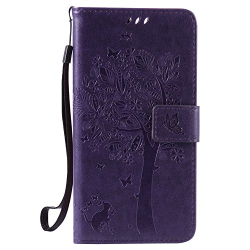 Cozy Hut Mehrfarbige PU Leder Klappe Tasche Schutz Hülle für Huawei P9 Plus in Ölmalerei Stil Colorful Painting Flip Case KunstLedertasche Etui Schutz Hülle Handytasche mit Standfunktion Kartenfächern(Katzen und Baum) - lila