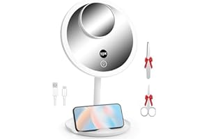 OTraki Magnifying Mirror with Lights, 1X/10X Makeup Mirror with Touch Screen LED Beauty Mirrors with 3 Color Lights Folding Lighted Rechargeable Beauty for Home, Travel