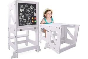 YOLEO Tour d'apprentissage 3 en 1, Pliable, Tour d'observation pour Enfants Montessori Learning Bois Naturel Kitchen Helper avec Tableau Noir et Blanc,Table et Chaise pour Enfant (Blanc)