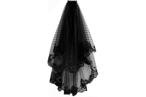 Wedity Black Lace Veil Bridal 2 Tier Wedding Veils Fingertip Length Halloween Party Veil with Comb