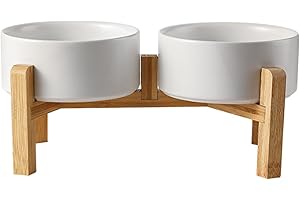 Cnwinu Elevated Dog Bowls Set,Raised Dog Bowls with Wooden Stand,Ceramic Cat Bowls for Small and Medium Dogs & Cats,Dog Feeding Station for Eating Food & Drinking Water,2 x 850 ML(White)