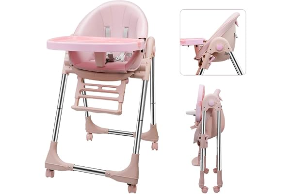OUNUO Chaise Haute Enfant, Chaise Haute Bébé Evolutive, Pliable, Réglable, Nettoyage facile, Avec Roulettes (Rose)