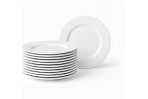 CasaSelección 12 Platos de Postre de Porcelana Blanca - Juego de 12, Diseño Redondo, 19 cm, Aptos para Lavavajillas y Microondas, Color Blanco