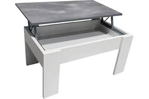 Acomoda Textil – Mesa de Centro Elevable para Almacenamiento de Madera. Mesita Amplia y Cómoda para Salón y Comedor 46x90x50 cm (Blanco-Cemento)