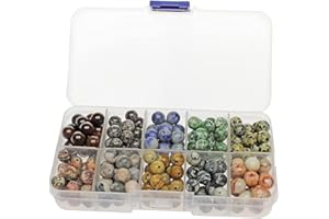 MJDCB 200pcs 8mm Stone Beads Kit Round Loose Gemstone Mahogany Obsidian Snowflake Stone Dalmatian Stone Network Stone Zebra Jasper for Bracelet Necklace Earrings Jewelry Making