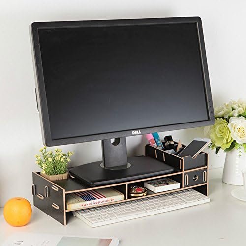 Dreamaccess Wooden TV Laptop PC Monitor Stand,Extra Drawer,Cellphone Pocket,Book Shelf,Pen Box,Daily Stuff Organizer,Multiple Areas-Black