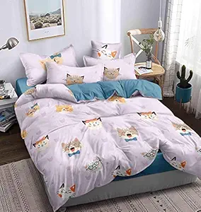 Fablicious Kitty Cat Print Cartoon Bedsheet for Girls Kids Room Double Bed - Sheet Size 90 x 100 Inch with 2 Pillow Covers
