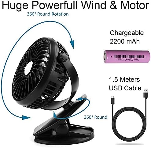 USB Powered Laptop Desk Fan - HYH (2017 New Design) Rechargeable and Portable Silent Powerful Cooling Small Clip Desktop Mini Fans For Computer, Table, Bookshelf, Bedside, Office, Personal Including 1*2200mah Rechargeable Battery, 1*59 inch (1.5M) USB Cable, Stepless Variable Speed, 360° No Dead Angle Rotation, 32dB Super quiet, 2-6 Hours Supper Long Battery Supply, Heavy-Duty ABS Engineering Plastics, 24-Hour Customer Support, 30-Day Money Back Guaranteed, 2-Year Warranty, Bright Black