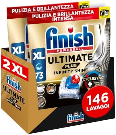 Finish Ultimate PLUS Infinity Shine Pastiglie Lavastoviglie, 146 Capsule Lavastoviglie, Pastiglie per Lavastoviglie contro lo Sporco e i Residui Incrostati