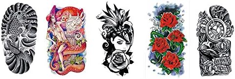5 Sheets Large black and white and colorful temporary tattoos for men/women &amp; girl unisex body beauty Fish Sexy Woman Girl Flower Watch among Flowers (medium A)