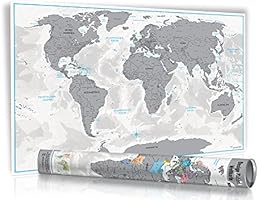 HEUTE 7,95€ - NEU - Rubbel Weltkarte - Limited Edition 2016 in Geschenkrolle mit Metalldeckel - XXL Design Rubbel Weltkarte -Silber- mit 3D Relief-Optik (einzigartiges Berg und Ozean Relief) - Original Wenschow seit 1918 - (D&uuml;nn laminiert: beschreib- & abwischbar + L&auml;nderfarbschutz beim Rubbeln)