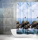 EDLER Textil Duschvorhang 120 x 200 cm 'Leuchtturm am Meer' Blau Weiss Grün inkl. Ringe