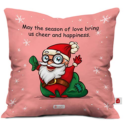 Indigifts Cheerful Santa Print Pink Cushion Cover 12x12 with Filler (Xmas Gift for Her, Him, Boy, Girl, Dad, Mom, Friends, Family) - Christmas Decorations