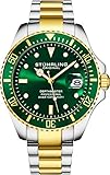 Stuhrling Original Herren Taucheruhr - Pro Sport Taucher mit verschraubter Krone und wasserdicht bis 330 Ft. - Analoges Zifferblatt, Quarzwerk - Depthmaster Kollektion (Green/Two Tone Gold)