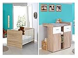 Sparset Babyzimmer / Kinderzimmer komplett Set ELISA in Eiche Sonoma Weiß - umbaubar zum Juniorbett - Komplettset: Babybett mit hohenverstellbarem Lattenrost und Wickelkommode mit Wickelaufsatz, Made in Germany