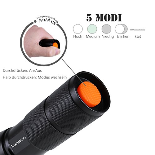 Laneco A100 Taktische Taschenlampe mit Hochleistung – Superhelle LED Handgerät-Taschenlampe – Tragbare Wasserdichte Taschenlampe im Freien mit Einstellbarem Fokus und 5 Leuchtungsmodi für Campen Wandern usw. - 5