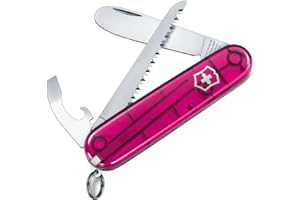 Victorinox My First Victorinox - Navaja suiza (9 funciones, hoja redondeada, cadena y cordón), color rosa transparente