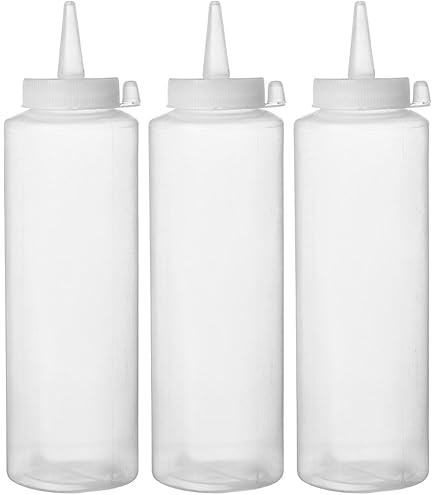Lot De 3 Bouteilles à Sauce KOMUNJ - 450ml, 3 Buses De Pulvérisation, Bec Verseur Anti-Fuite, Graduation - Pour Ketchup, Mayo, Vinaigrette