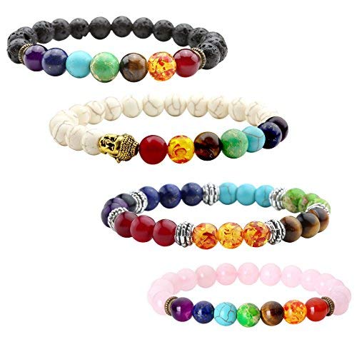 JOVIVI - 4 braccialetti in pietra lavica, terapia energetica Reiki, bracciale yoga, occhio di tigre, bianco, turchese, le pietre dei 7 chakra, equilibrio spirituale, bracciale con Buddha