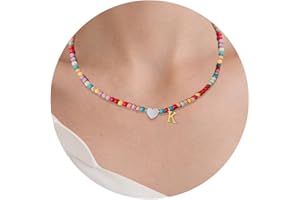 APMGONT Colorful Beaded Initial Necklaces, Bohemian Beaded Necklace, Rainbow Bead Chain Necklace with Initial A-Z and Heart Shape Accessories For Girls Teen Girls Personalized Birthday Gifts