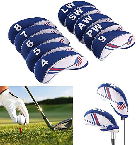 FLTRADE US Flag Golf Iron Headcover Head Covers Set with Number Tag For Titleist Callaway Ping Taylormade Cobra,Pack of 10,Blue/White