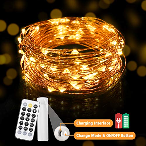 KINGSO Catene Luminose LED 10M 100 LEDs Ricaricabili con Telecomando 11 Modalità Dimmerabile Impermeabile IP65 Ghirlande Decorative Interno/Esterno GiardinoTerrazza per Festa Natale Nozze