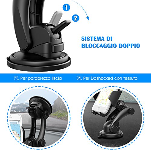 Supporto Cellulare per Auto Mpow Supporto Auto Smartphone Culla Regolabile per Cruscotto Dashboard Parabrezza, Supporto Cellulare per Auto per iPhone 7 7 plus 6s Plus 6s 6 Plus 6 5s 5c 5 4s, Samsung Galaxy S6 Edge + S6 S5 S4 S3, Note 4 3 2, Sony, Huawei, Xiaomi ecc