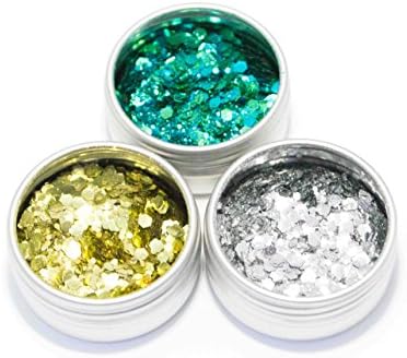 Biodegradable Glitter ✮ 3 pre-mixed chunky looks in recyclable tins: Gold, Silver and Mermaid Mix (Total 30ml Biodegradable glitter in 3 aluminium containers)