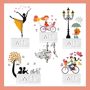 Heaven Decors Switch Board Sticker - Colorful - Birds Cage - Dancing Lady - Lovely Couple - Street Lamp - Decorative ( Standard Size ),Multicolour