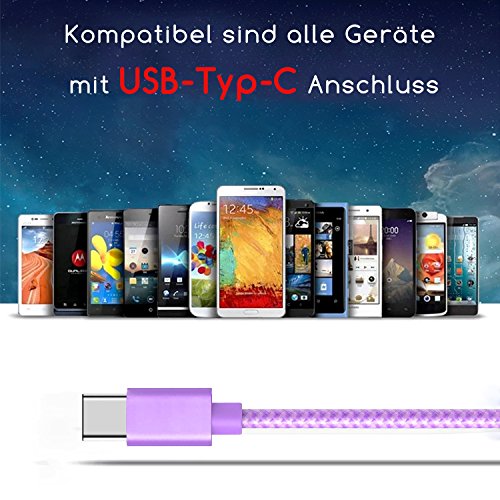 TheSmartGuard USB-C LadegerÃ¤t / 2in1 Ladeset / USB-Typ-C Ladekabel mit Netzteil / Netzstecker fÃ¼r S9, S9+, S8, A8, A8+, Note 8, Sony XZ, XA1, XZ1, HTC 10, U11, Huawei P10 und viele mehr | Nylon | Lila | 2 Meter / 2m