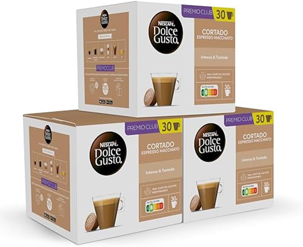 NESCAFÉ Dolce Gusto Cortado - Cápsulas de Café, 90 Cápsulas (3 x 30) - Notas a almendra tostada - Originales para cafeteras Dolce Gusto