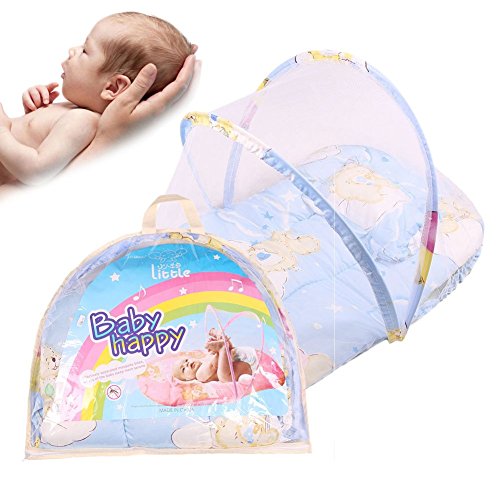 0-2 Years Baby Bed Mosquito Net, Portable Folding Travel Crib Bed Canopy Tent With Pillow,Mosquito Protection Breathable Cotton Baby Tent Beach Play Tent Mosquito Protection (Blue)