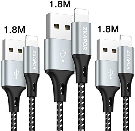 iPhone Charger Lightning Cable, ZKAPOR 3-Pack 6FT/ 1.8M Nylon braided Lightning to USB Fast Charging and Data Sync Cable Cord for Apple iPhone X/ 8/ 8Plus/ 7/ 7Plus/ 6s/ 6sPlus/ 6/ 6Plus/ 5/ 5c/ 5s/ SE, iPad Pro/ Air/ Mini