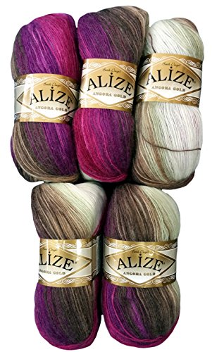 5 x 100 g Alize Strickwolle Farbverlauf beere braun beige Nr. 3930 zum Stricken und Häkeln, 500 Gramm Wolle mit Mohair