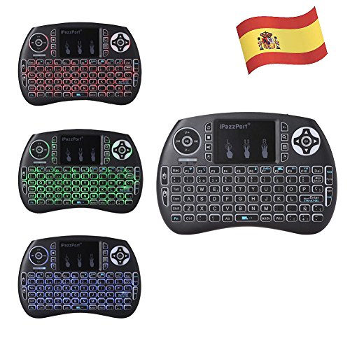 iPazzPort Mini Teclado Inalámbrico (Layout Español) - 2.4GHz Mini Teclado retroiluminado ergonómico con Doble ratón touchpad para Smart TV, Mini PC Android, Pad, Andriod/Google TV Box, Raspberry PI