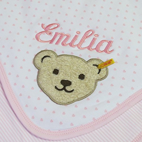 Steiff Herzchendecke mit Ihrem Wunsch Namen in der abgebildeten Stickschrift bestickt rosa und fein gestreift auf der Rückseite 90 cm x 60 cm Namensdecke - 2