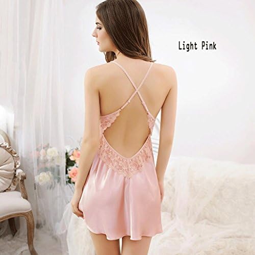 UOMUN Ladies Nightie Halter Lace Sleepwear X-Cross Babydoll Sling Dress Deep V-neck Nightdress Satin Negligee Halterneck Short Strap Skirt Summer (Color : Light pink, Size : M)