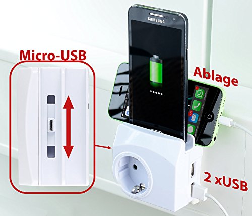 revolt Mehrfachstecker: 4in1-Steckdose, 2x USB, 1x Micro-USB, Smartphone-Ablage, 2,1 A, 10,5 W (Steckdosenadapter)