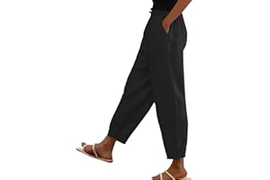 YINGUO Cotton Linen Trousers Womens UK Solid Color Elasticated Waist Trouser Ladies Summer Lounge Pants Plain Loose Fit Capri Pant Casual Straight Leg Bottoms with Pockets