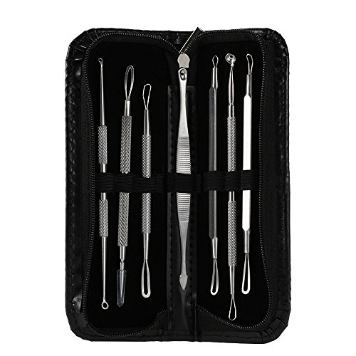 Abody 7Pcs Stainless Steel Facial Pimple Comedone Needle Acne Extractor Cleaner Blackhead & Blemish Kit with Black Bag