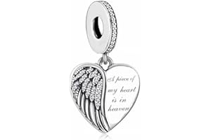 MON & SONS A Piece Of My Heart Is In Heaven Angel Wing Memorial Charm Bead Pendant 925 Sterling Silver Dangle Compatible With Pandora Charm Bracelet