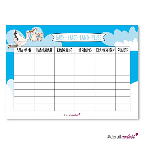 Detailverliebt! Baby-Stadt-Land-Fluss, 40 Blatt im Format A4 – ideal für die nächste Babyparty! dv_163 |Babyparty, Babyshower, Spiele, Ratespaß, Stadt, Land, Fluss, Babyname, Babybedarf, Kleidung, Krankheiten, Punkte, Jungs, Bube, Storch #detailverliebt!