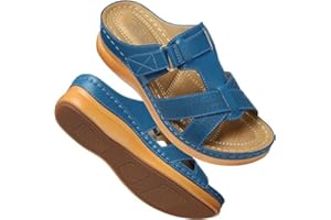 FIENZA Pantoletten Orthopädische Hausschuhe Damen Keilabsatz Leder Hausschuhe Vintage Sommerschuhe Freizeit Wedge Mit Absatz Mit Fussbett Slides Slipperstrandschuhe Peep Toe Plateau Sandalen