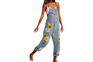 HANMAX Damen Denim Jeans Latzhose Langer Overall Blumen Jeansoptik Klasse Vintage Jeans Lang Lässig Baggy Boyfriend Stylisch Jumpsuit Hüftjeans