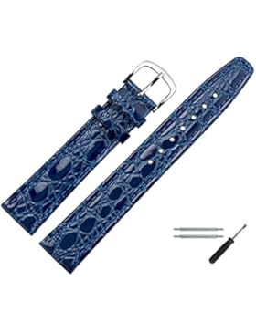 Uhrenarmband 16mm Leder Blau Prägung, Kroko, Mit Naht - Inkl. Federstege / Werkzeug - Lederarmband Für Uhren Mit...