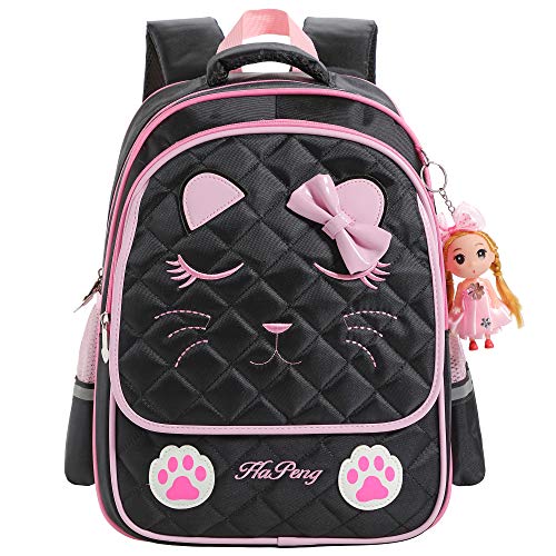 Sac à Dos d'école de Filles pour l'école Primaire Sac de Livre de Broderie Mignon de Chat pour des Enfants (A-Sombre, L)