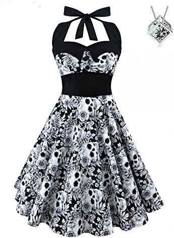Women Vintage Skull Print Rockabilly Cocktail Dress-50S Beautiful Fashion Party Elegance Hepburn Style Evening Swing Dress (XL, Black)